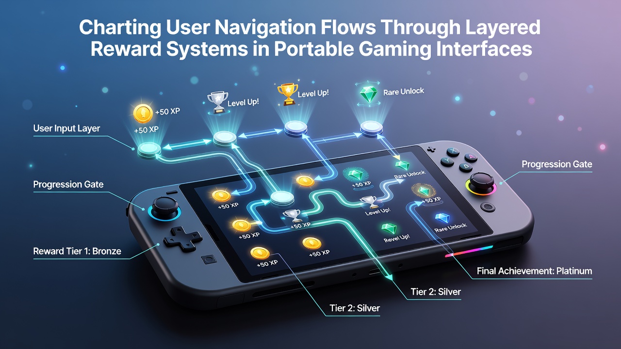 Mobile device screen displaying layered reward tiers in a portable gaming interface with navigation paths highlighted