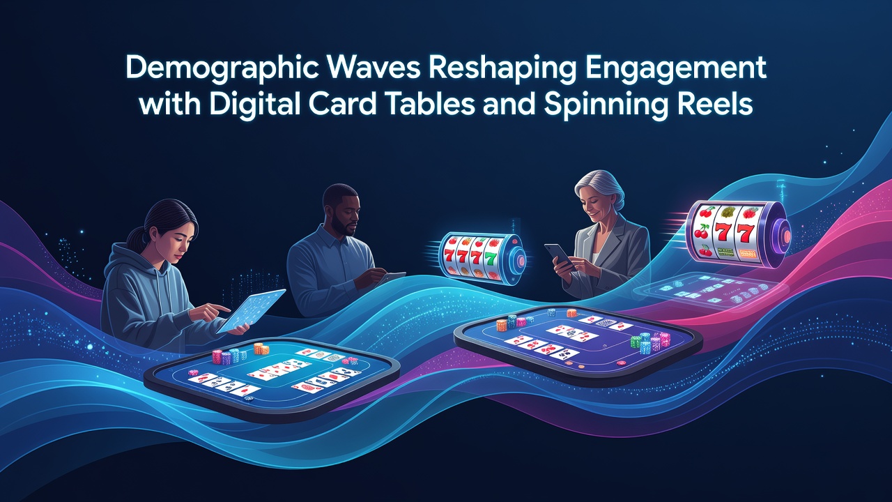 Diverse group of players engaging with digital card tables and spinning reels on mobile devices across different age groups