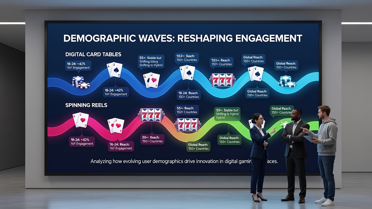 Analytics dashboard showing demographic breakdowns for online table games and slot engagement by age and region