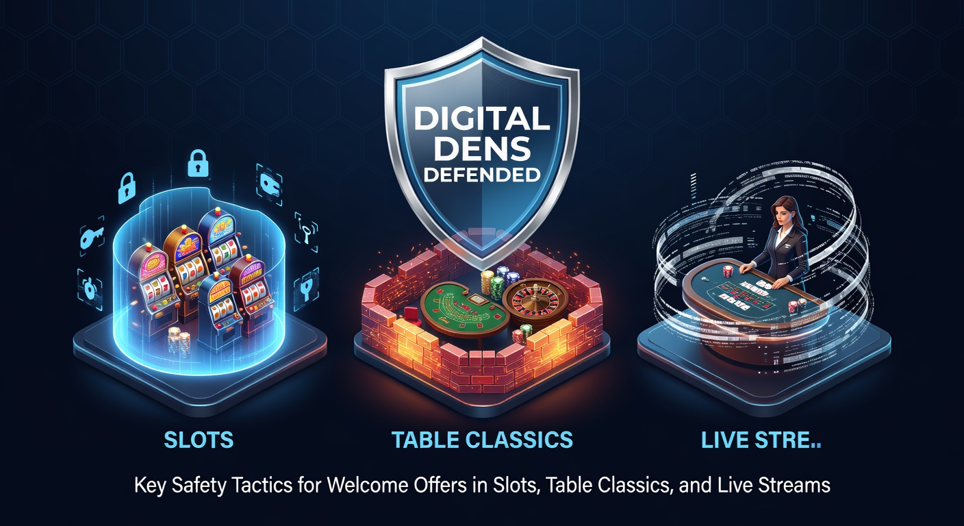 Live dealer table setup with blackjack cards and roulette wheel on screen, overlaid with welcome bonus terms and secure transaction icons
