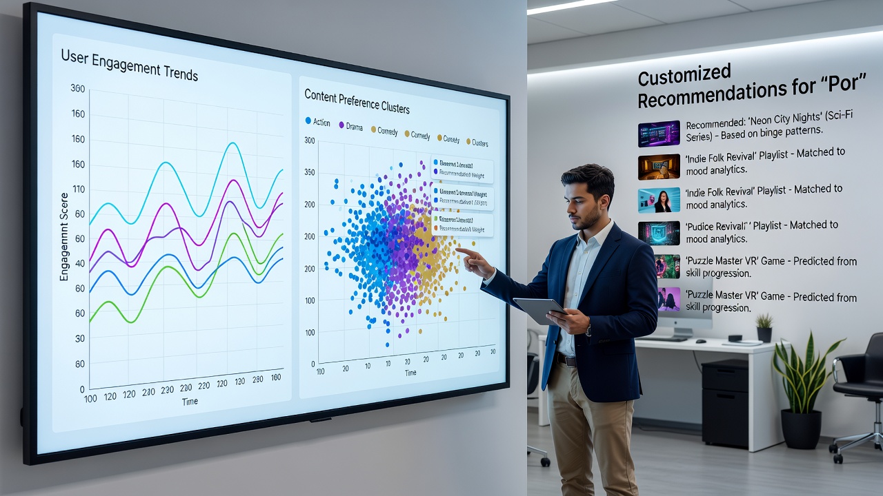 Analytics dashboard showing user behavior patterns and recommendation customization metrics on a tablet screen