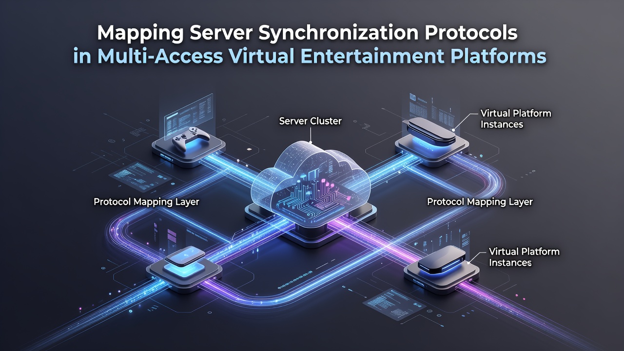 Diagram illustrating server synchronization protocols across distributed virtual entertainment servers and client devices