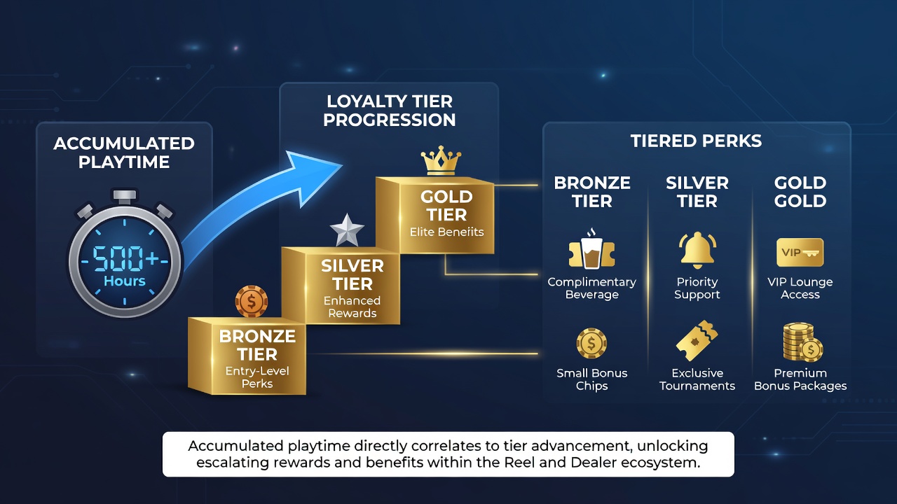 Close-up of tablet screen showing tier perks unlocked through accumulated playtime in slots and live dealer games