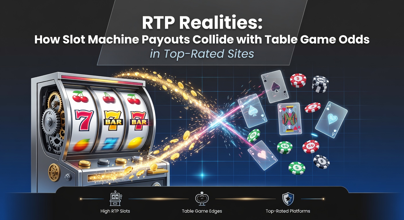 Digital slot reels spinning alongside a blackjack table, illustrating the contrast between slot RTP and table game odds in online casino interfaces