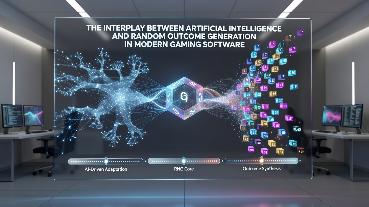 Developers reviewing AI-enhanced random outcome data on multiple screens in a gaming studio