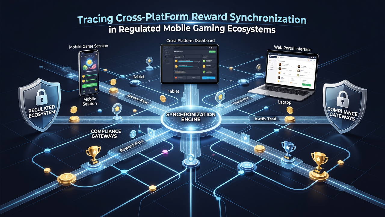 Diagram showing data flow between mobile devices and centralized gaming servers for reward synchronization