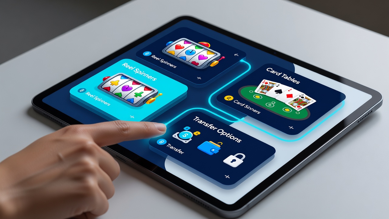 Mobile device screen showing layered app menus with finger swipe paths guiding users from home screen to reel spinners and card table sections