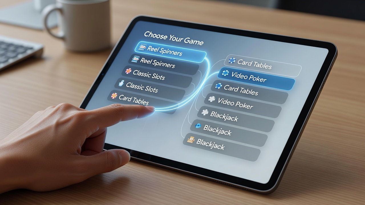 Close-up of portable device interface illustrating finger trails connecting reel spinner selections to card table options and secure transfer menus